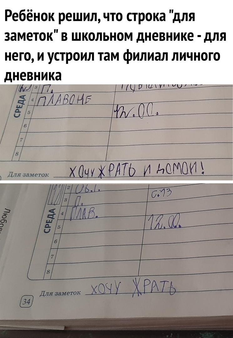 Ребёнок решил что строка для заметок в школьном дневнике для него и устроил там филиал личного дневника