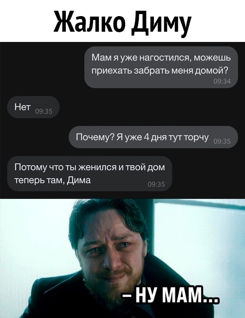 Жалко Диму Мам Я уже НЗГОСТИПСЯ МОЖеШЬ приехать забрать меня домой Нет Почему Я уже 4 дня тутторчу Потому что ты женился и твой дом теперь там дима