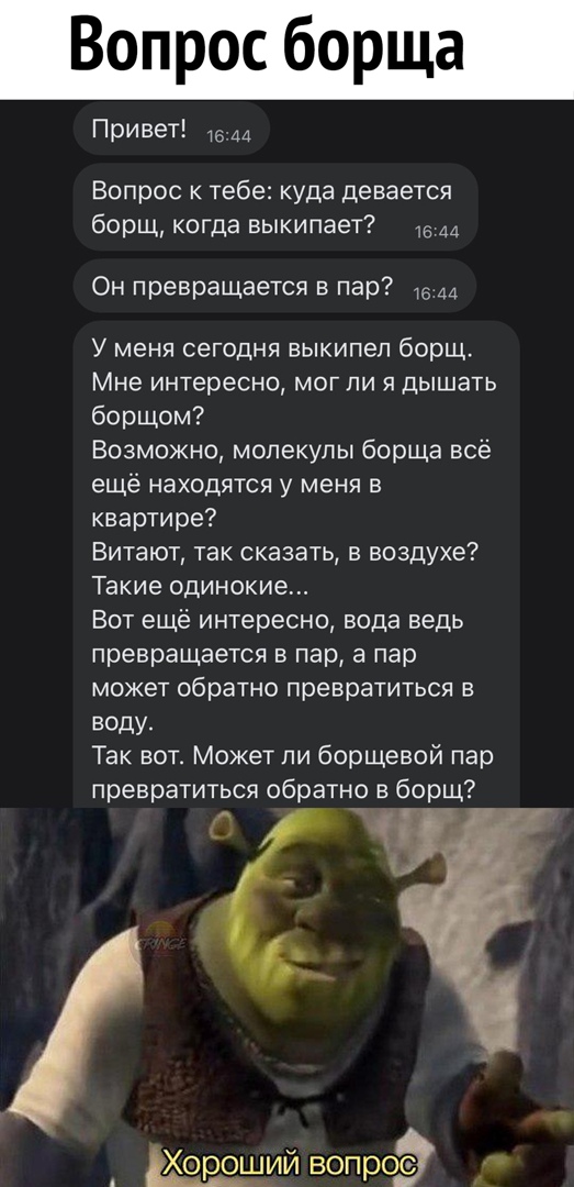 Вопрос борща Привет Вопрос к тебе куда девается борщ когда выкипает 15 Он превращается в пар М У меня сегодня выкипеп борщ Мне интересно мог ли я дышать борщом Возможно молекулы борща всё ещё находятся у меня в квартире Витают так сказать в воздухе Такие одинокие Вот ещё интересно вода ведь превращается в пар а пар может обратно превратиться в воду Так вот Может ли борщевой пар превратиться обратн