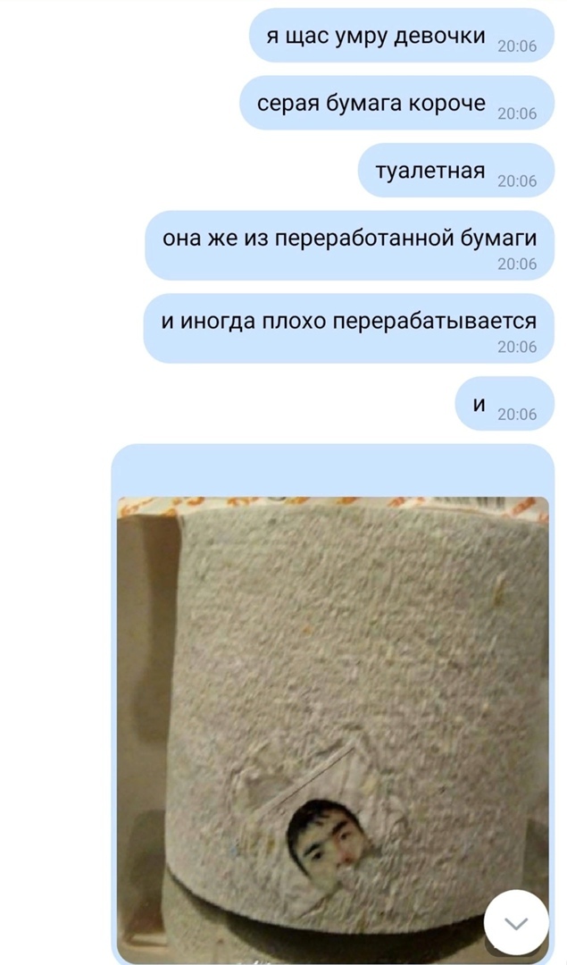 я щас умру девочки 2006 серая бумага короче 2006 туалетная 2006 она же из переработанной бумаги 2006 И иногда ПЛОХО перерабатывается 2006