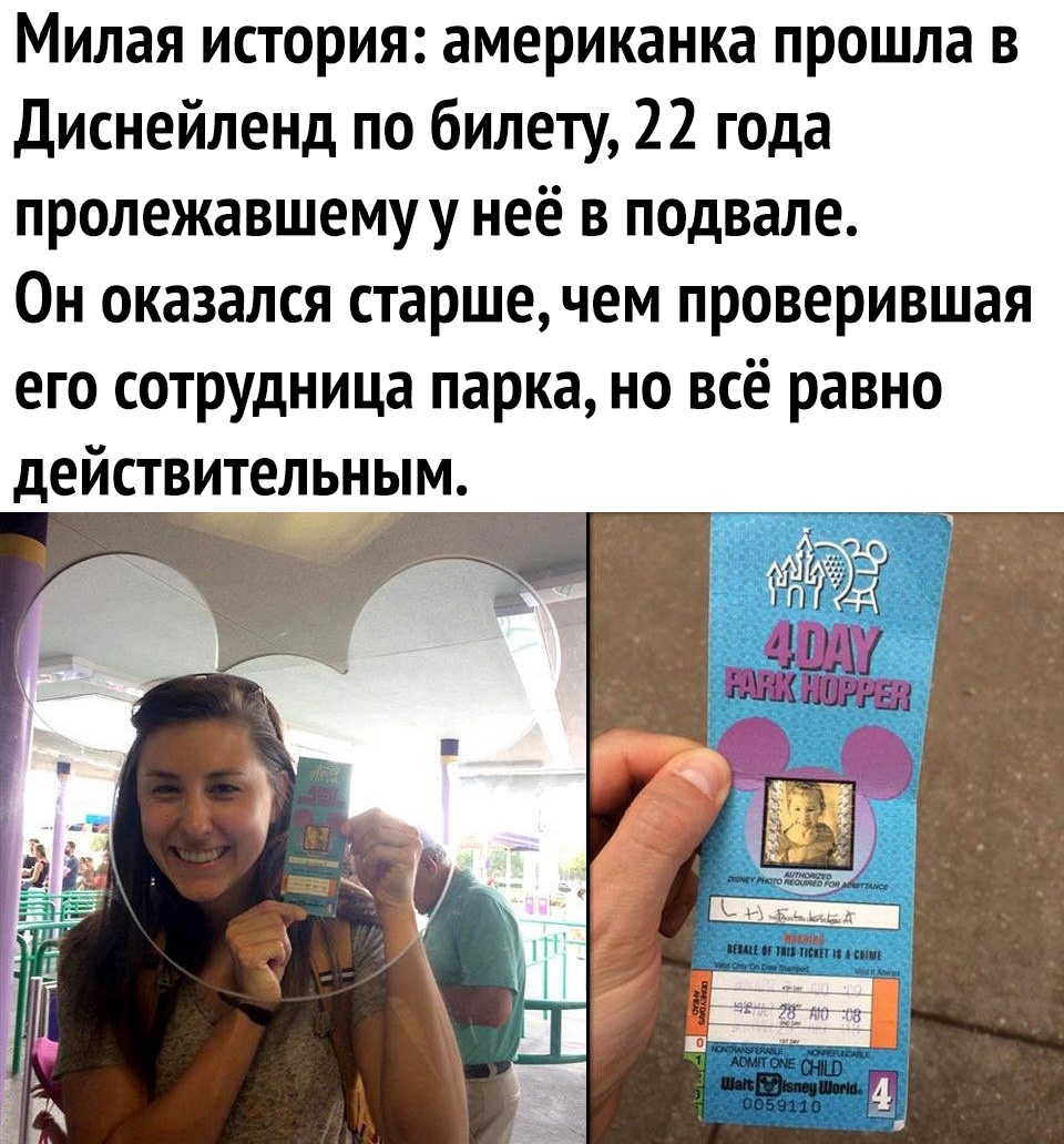 Милая история американка прошла в Диснейленд по билету 22 года пролежавшемуу неё в подвале Он оказался старше чем проверившая его сотрудница парка но всё равно действительным