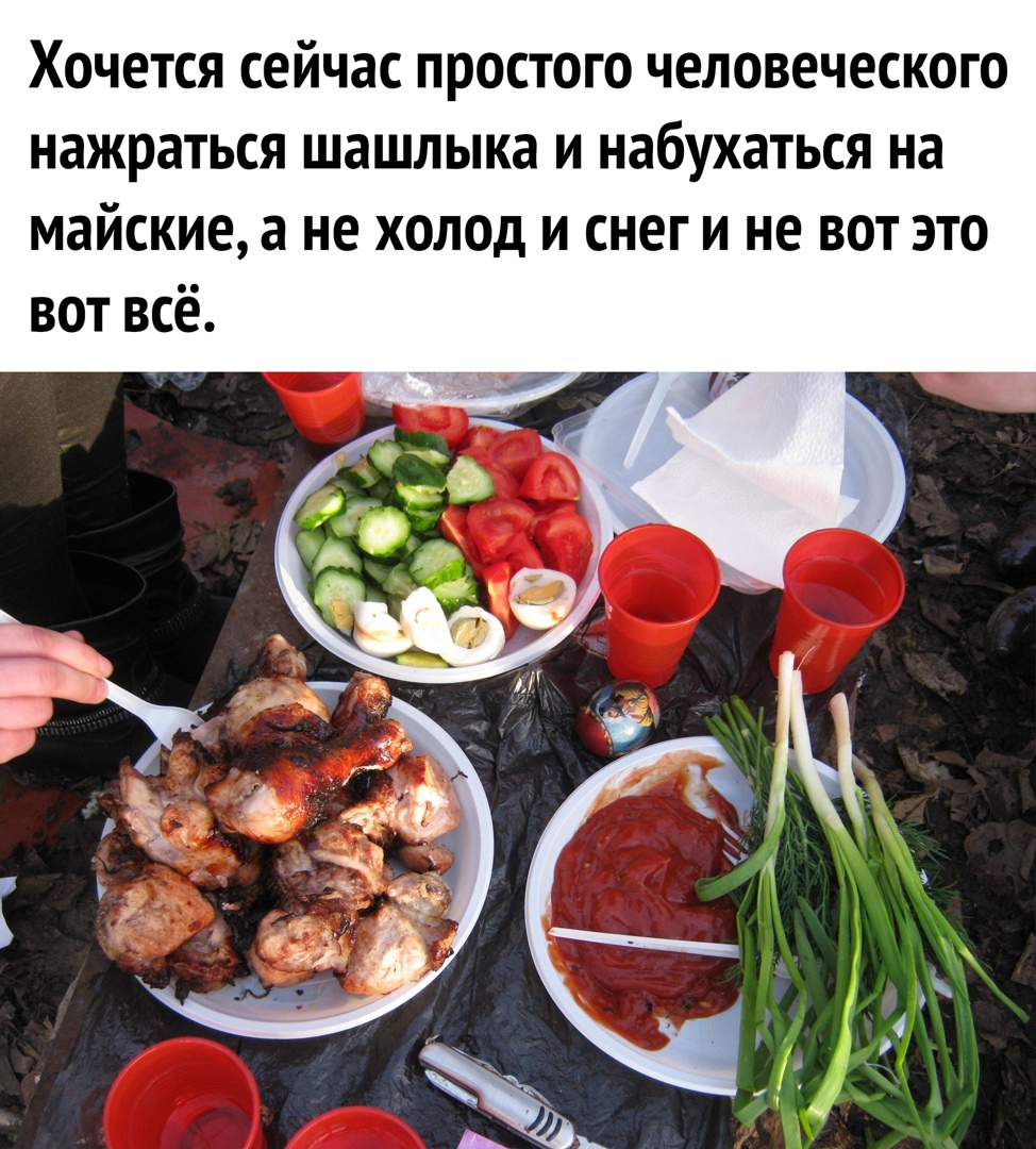 Хочется сейчас простого человеческого нажраться шашлыка и набухаться на майские а не холод и снег и не вот это вот всё