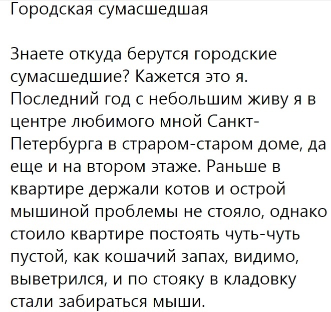 ГОРОДСКЭЯ сумасшедшая Знаете откуда берутся городские сумасшедшие Кажется это я Последний год с небольшим живу я в центре любимого мной Санкт Петербурга в страромстаром доме да еще и на втором этаже Раньше в квартире держали котов и острой мышиной проблемы не стояло однако стоило квартире постоять чутьчуть пустой как кошачий запах видимо выветрился и по стояку в кладовку стали забираться мыши