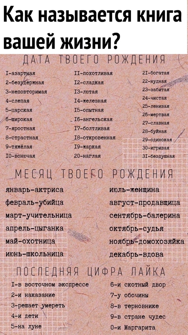 Как НЗЗЫВЭЕТСЯ книга вашей жизни ДАТА ТВПЕГО РОЖДЕНИЯ іазаррдвл Цпохотливал 21 богвтвя 2безУКерт 1ая 12 слапквя 22 иУпи Знеповториивл 13лптвл 23436 4слепвп 14 летию мчит 25ленивц бцврскня 15 опнтння ЕБ иертвая б широквл _16 вигельсцал 27спнвим 7кростнвя 17болтливвя 25_6уйн Встрвстивл іеоткровеннвя даши 9тяжёлея 19мркая зом рим 10вонючая 20наглвл зі оезлушивл МЕСЯЦ ТВПЕРО РОЖДЕНИЯ январьактриса феЬ
