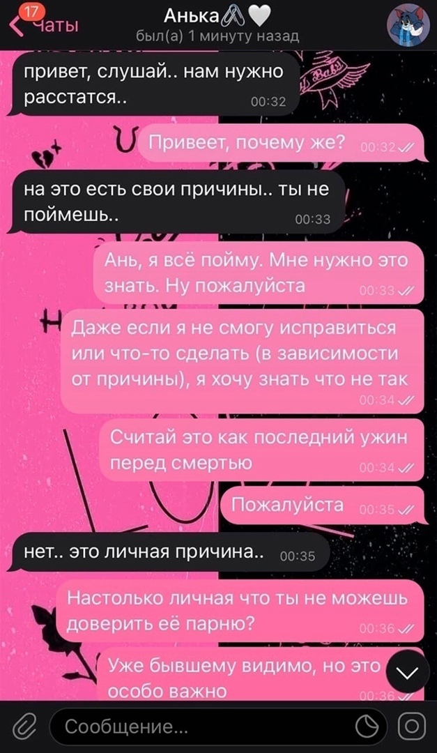 чаты АнькадЪ была 1 минуту назад привет слушай нам нужно расстатся 0031 на это есть свои причины ты не поймешь нет ЭТО ЛИЧНЭЯ ПРИЧИНЭ 0035 Сообщение