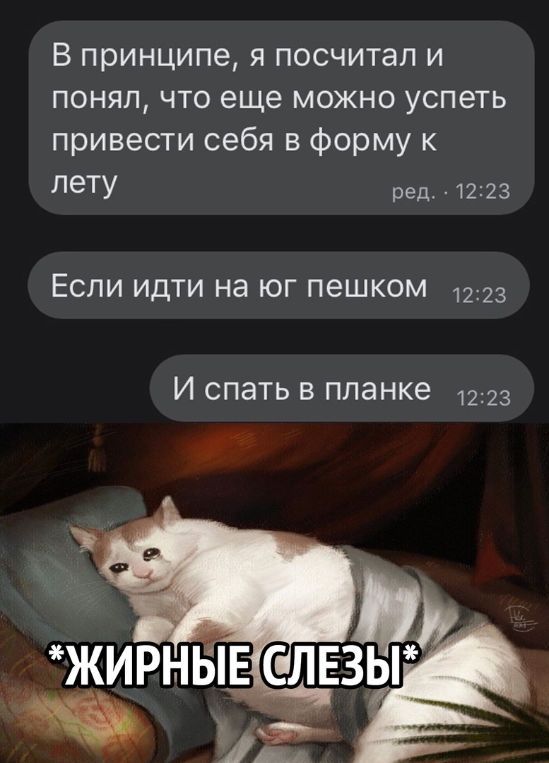 В принципе Я посчитал И ПОНЯЛ ЧТО еще МОЖНО УСПЭТЬ привести себя В форму К лету ред 4223 Если идти на юг пешком 1223 И спать в планке 1223