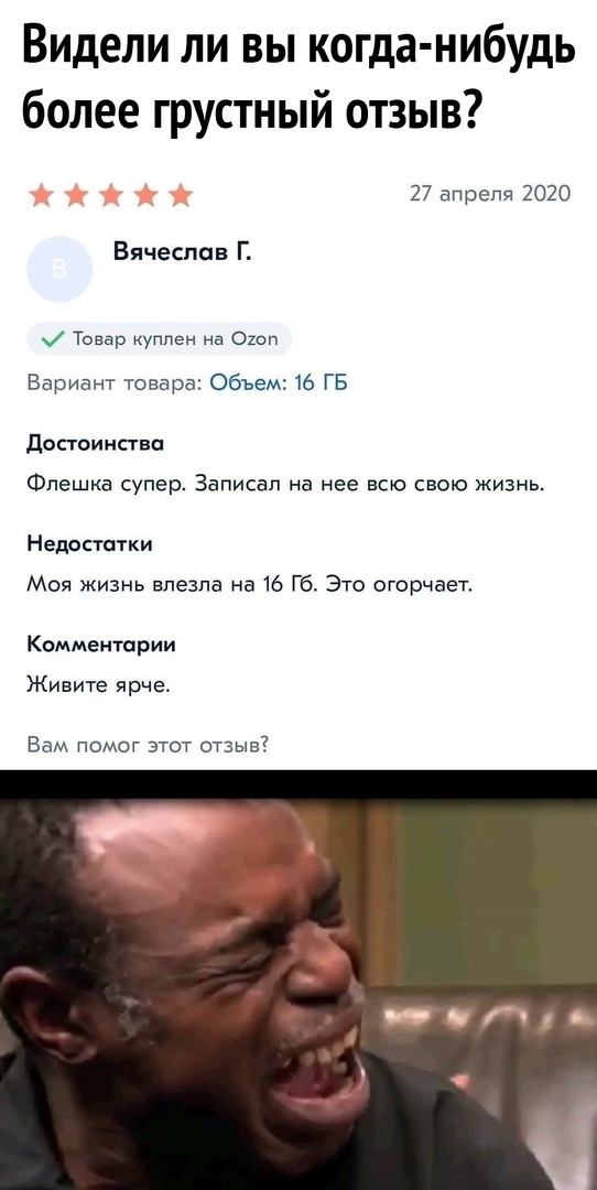 Видели ли вы когда нибудь более грустный отзыв 27 ап репя 2020 Вячеслав Г Товар куплен на Од Вариант товара Объем 16 ГБ достоинства Флешка супер Записал на нее всю свою жизнь Недостатки Моя жизнь влезла на 16 Гб Это огорчает Комментарии Живите ярче Вам помог этот отзыв