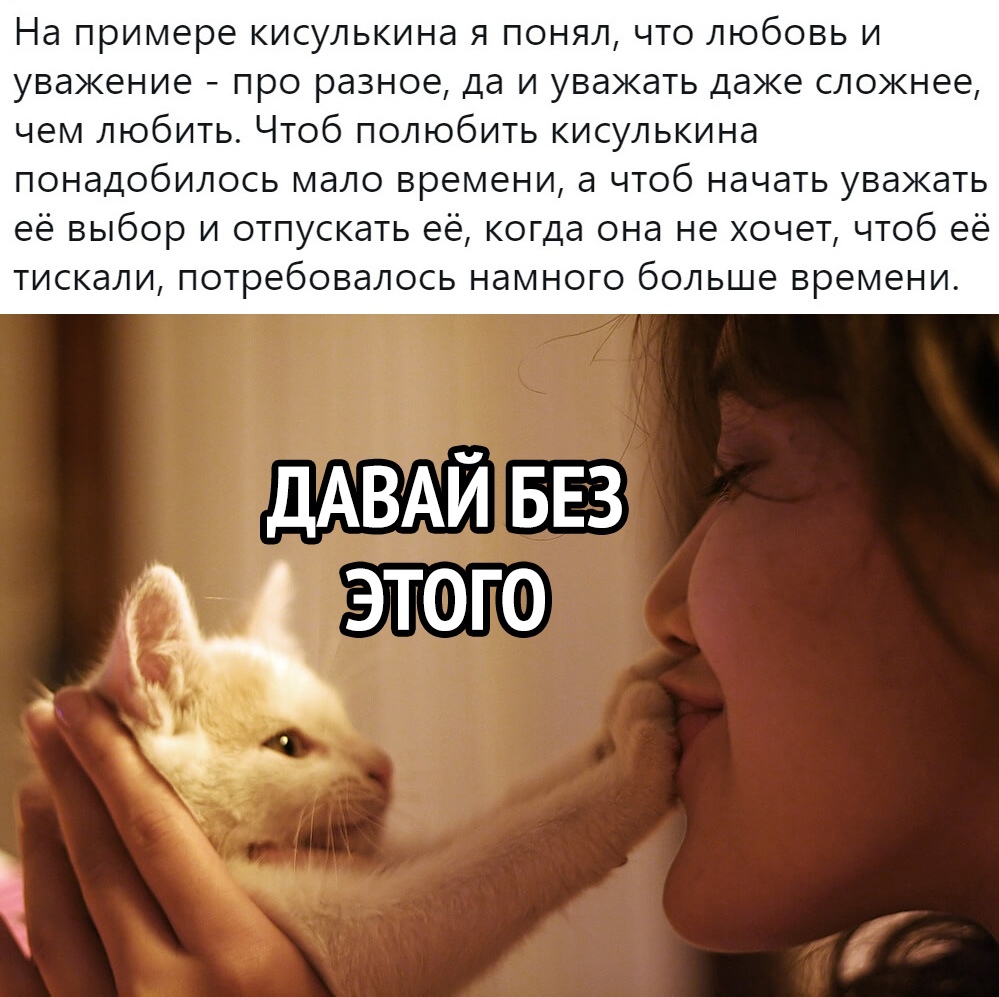 на примере КИСУЛЬКИНд Я ПОНЯЛ ЧТО ЛЮбОВЬ И уважение про разное да и уважать даже сложнее чем любить Чтоб полюбить кисулькина понадобилось мало времени а чтоб начать уважать её выбор и отпускать её когда она не хочет чтоб её тискали потребовалось намного больше времени ДАВАЙ БЕЗ