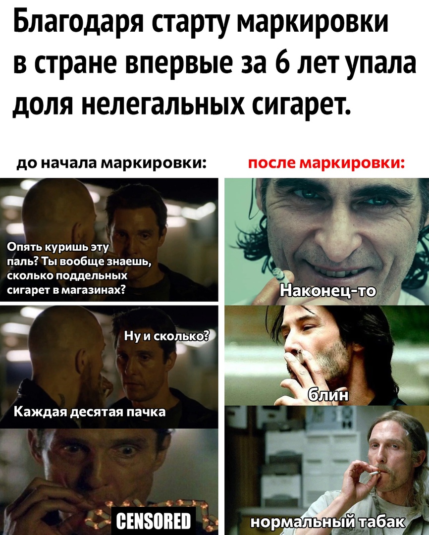 Благодаря старту маркировки в стране впервые за 6 лет упала доля нелегальных сигарет до начала маркировки после маркировки Опять куришь эту папь Ты вообще знаешь сколько поддельных сигарет в магазинах Ну и сколько Каждая десятая пачка г 1 и ВШБППЕП НОРН5ЙАЕЗЁЖ