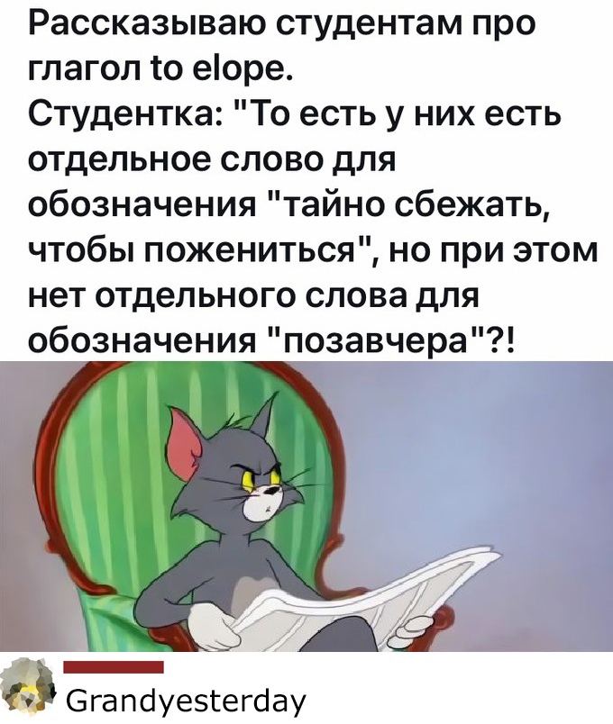 Рассказываю студентам про глагол то еоре Студентка То есть у них есть отдельное слово для обозначения тайно сбежать чтобы пожениться но при этом нет отдельного слова для обозначения позавчера 9_А _ ЗгапоіуезгеЮау