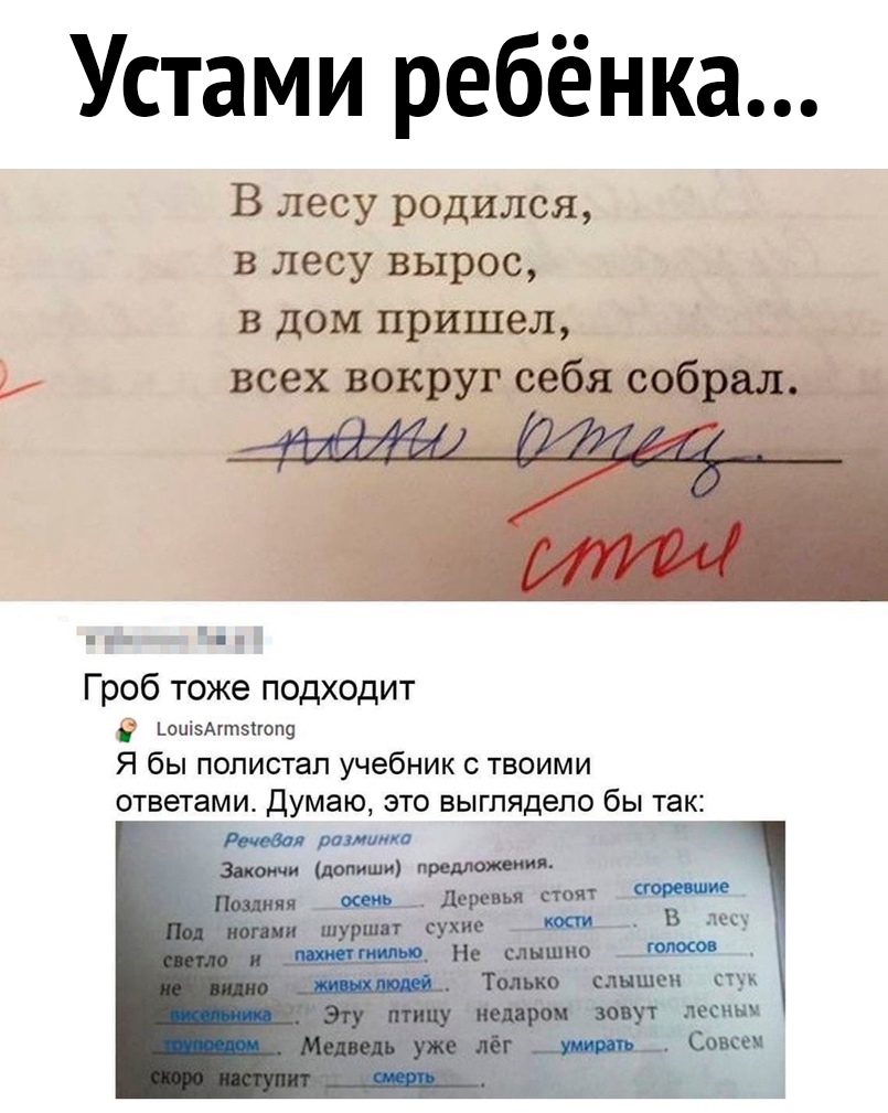 Устами ребёнка В лесу родился в лесу вырос в дом пришел ш щ Гроб тоже подходит _пиі5Агт51гоп9 Я бы полистал учебник с твоими ответами Думаю это выглядело бы так