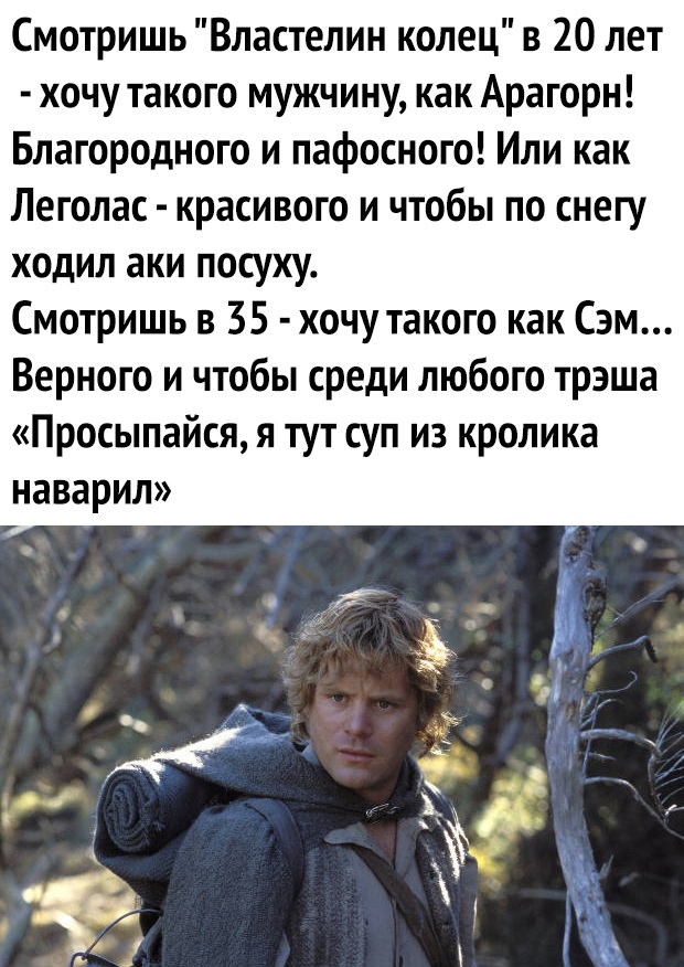 Смотришь Властелин колец в 20 лет хочу такого мужчину как Арагорн Благородного и пафосного Или как Леголас красивого и чтобы по снегу ходил аки посуху Смотришь в 35 хочу такого как Сэм Верного и чтобы среди любого трзша Просыпайся я тут суп из кролика наварил