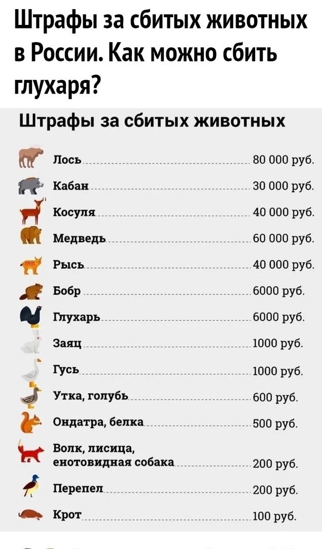 Штрафы за сбитых животных в России Как можно сбить глухаря Штрафы за сбитых животных дьаахаа Эъітщ Лось Кабан Косуля Медведь Рысь Бобр Шухарь Заяц Цсь Утка голубь Ондатрдбепка Волк лисица енотовидная собака Перепеп Крот 80 000 руб 30 000 руб 40 000 руб 60 000 руб 40 000 руб 6000 руб 6000 руб 1000 руб 1000 руб 600 руб 500 руб 200 руб 200 руб 100 руб