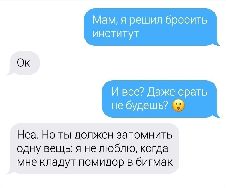Мам я решил бросить институт Ок И все Даже орать не будешь Неа Но ты должен запомнить одну вещь я не люблю когда мне кладут помидор в бигмак