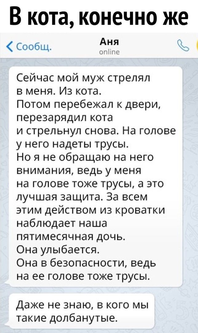 В кота конечно же Сообщ Аня от гс Сейчас мой муж стрелял в меня Из кота Потом перебежал к двери перезарядил кота и стрельнул снова На голове у него надеты трусы Но я не обращаю на него внимания ведь у меня на голове тоже трусы а это лучшая защита За всем этим действом из кроватки наблюдает наша пятимесячная дочь Она улыбается Она в безопасности ведь на ее голове тоже трусы Даже не знаю в кого мы т