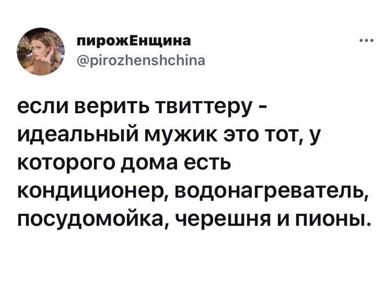 пирожЕнщина рігшЬепзЬсЬіпа если верить твиттеру идеальный мужик это тот у которого дома есть кондиционер водонагреватель посудомойка черешня и пионы