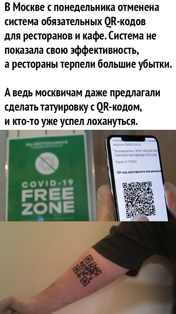 В Москве с понедельника отменена система обязательных ДК кодов для ресторанов и кафеСистема не показала свою эффективность а рестораны терпели большие убытки А ведь москвичам даже предлагали сделать татуировку с ДК кодом И КТО ТО уже УСПЕЛ ЛОХЗНУТЬСЯ