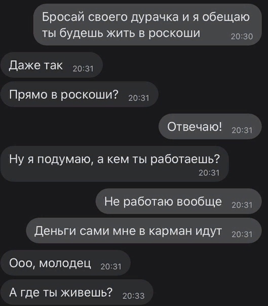 Бросай своего дурачка и я обещаю ты будешь жить в роскоши 2030 Даже так Ю 31 Прямо в роскоши 2031 Отвечаю 20 31 Ну я подумаю а кем ты работаешь 20 31 Не работаю вообще 20 31 Деньги сами мне в карман идут 31 00 мопедец 1 А где ты живешь 2033