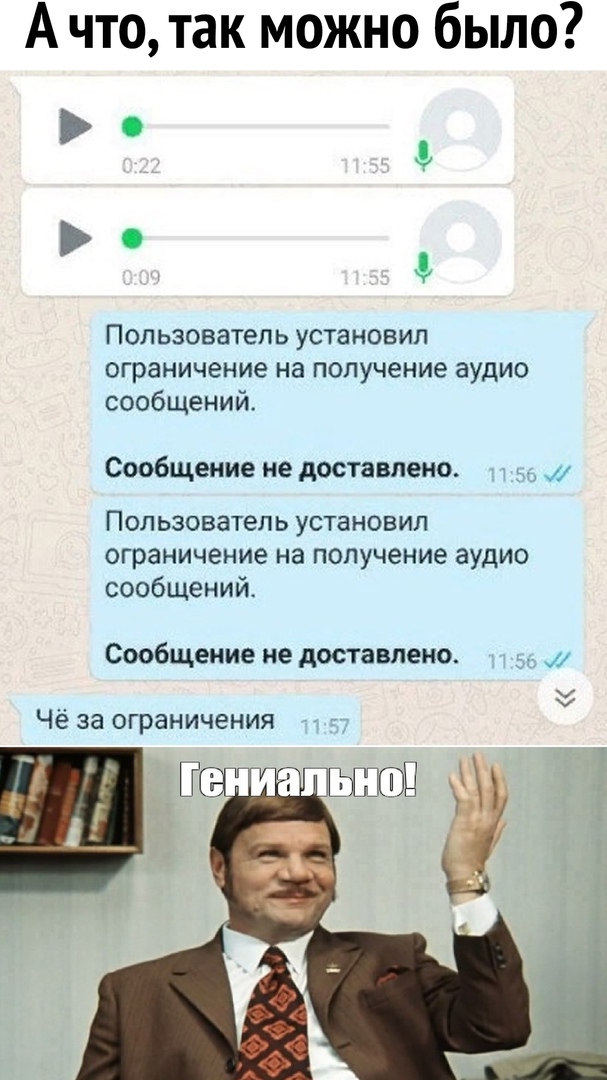 А что так можно было о 0 Пользователь установил ограничение на получение аудио сообщений Сообщшие не доставлено _ х Пользователь УСТЗНОВИЛ ограничение на получение аудио сообщенийо Сообщение не доставлено щ Чё за ограничения гт ТЁШШ