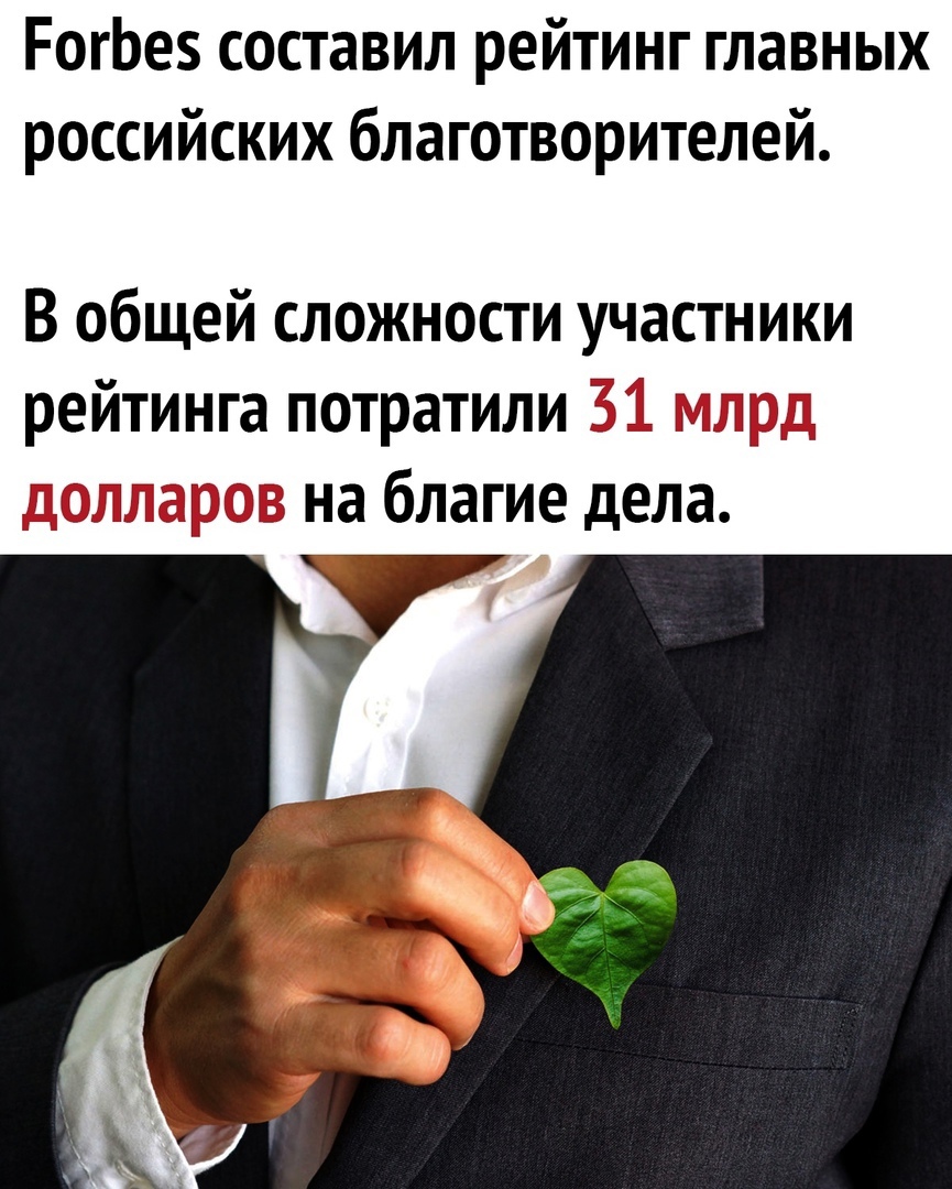РогЬез составил рейтинг главных российских благотворителей В общей сложности участники рейтинга потратили 31 млрд долларов на благие дела