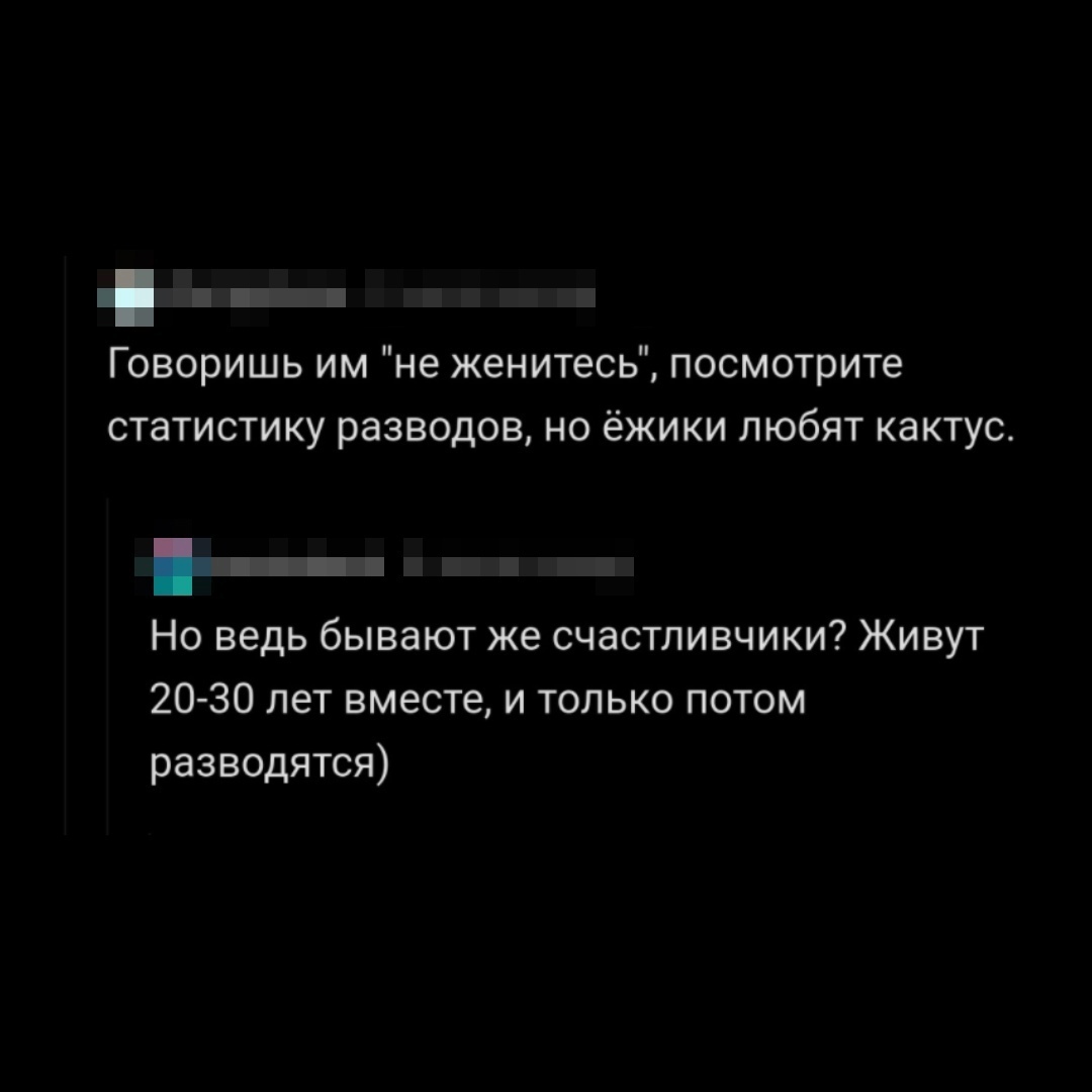 Говоришь им не женитесь посмотрите статистику разводов но ёжики любят кактус Но ведь бывают же счастливчики Живут 20 30 лет вместе и только потом разводятся