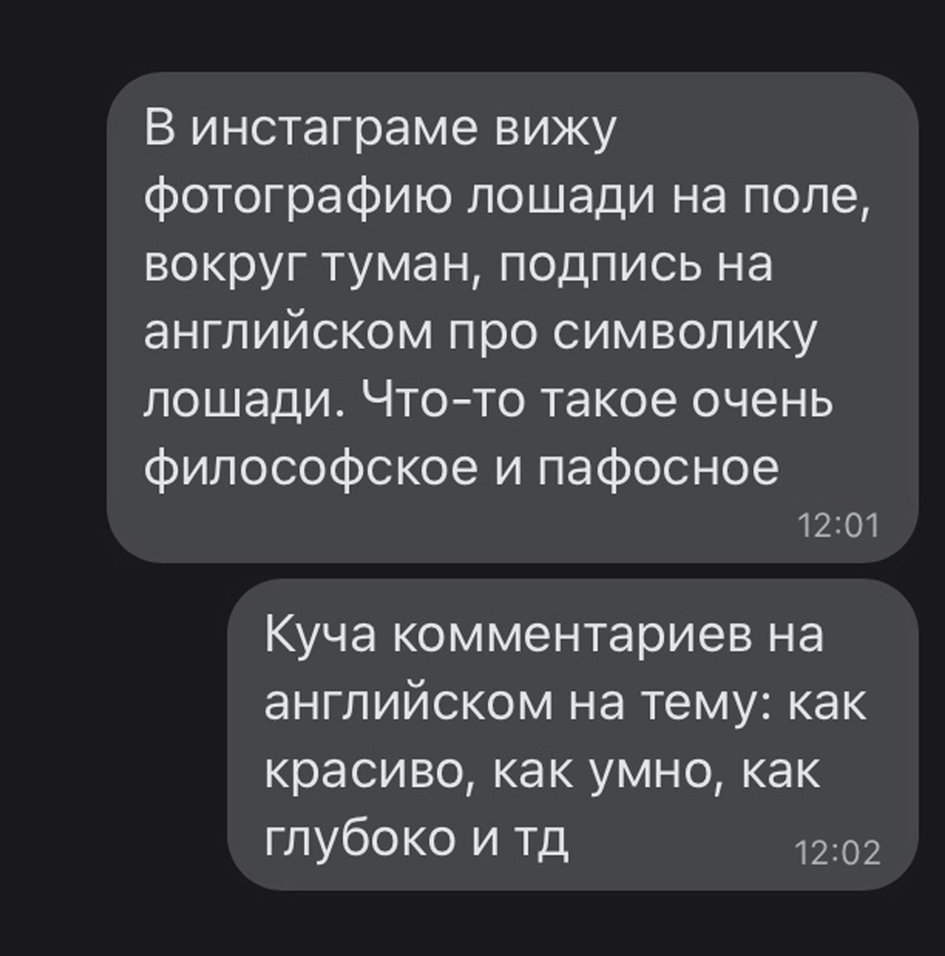 В инстаграме вижу фотографию лошади на поле вокруг туман подпись на английском про символику лошади Чтото такое очень философское и пафосное 12101 Куча комментариев на английском на тему как красиво как умно как глубоко и тд 1202