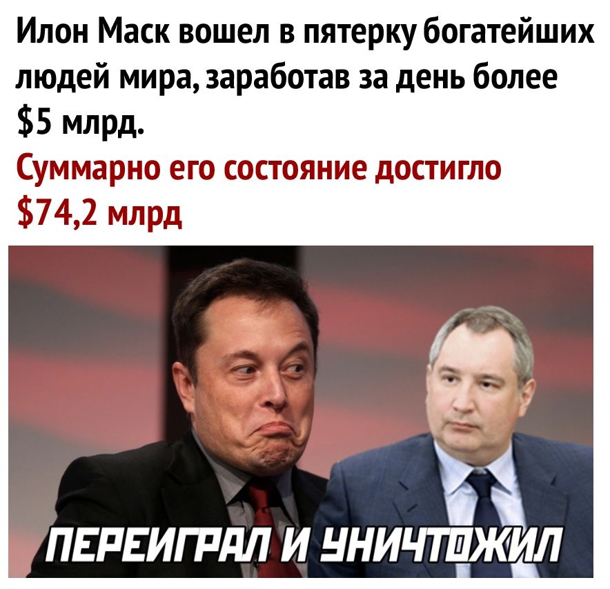 Илон Маск вошел в пятерку богатейших людей мира заработав за день более 5 млрд Суммарно его состояние достигло 742 млрд