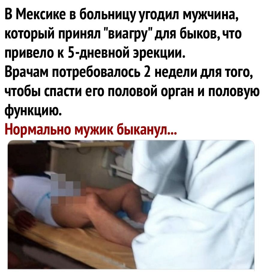 В Мексике в больницу угодил мужчина который принял виагру для быков что привело к 5 дневной эрекции Врачам потребовалось 2 недели для того чтобы спасти его половой орган и половую функцию Нормально мужик быканул 7_