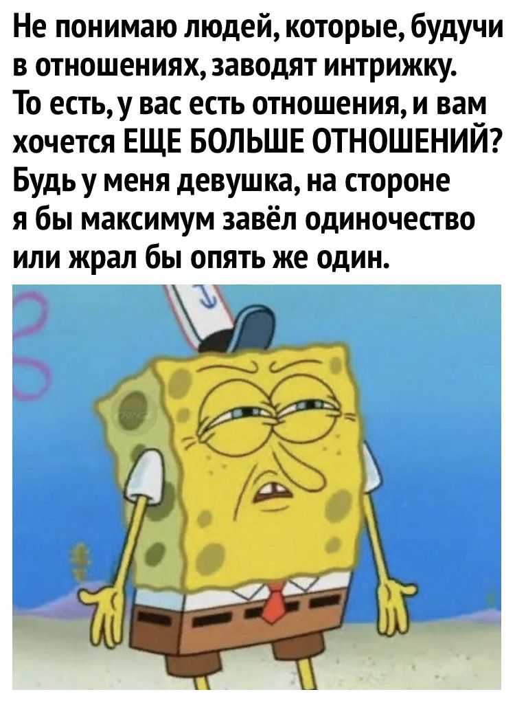 Не понимаю людей которые будучи в отношениях заводят интрижку То естьу вас есть отношения и вам хочется ЕЩЕ БОЛЬШЕ отношвний Будь у меня девушка на стороне я бы максимум завёл одиночество или жрал бы опять же один