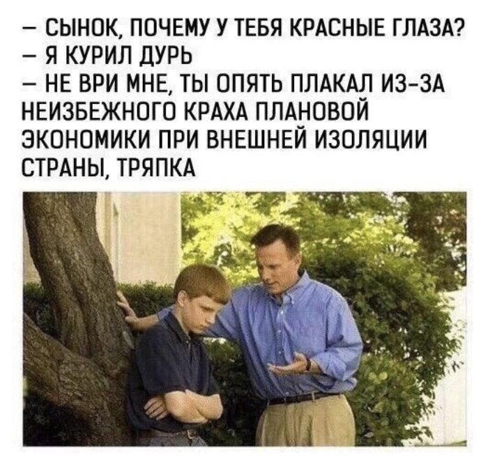 СЫНОК ПОЧЕМУ У ТЕБЯ КРАСНЫЕ ГЛАЗА Я КУРИЛ ДУРЬ НЕ ВРИ МНЕ ТЫ ОПЯТЬ ПЛАКАЛ ИЗ ЗА НЕИЗБЕЖНОГО КРАХА ПЛАНОВОИ ЭКОНОМИКИ ПРИ ВНЕШНЕИ ИЗОЛЯЦИИ СТРАНЫ ТРЯПКА т _