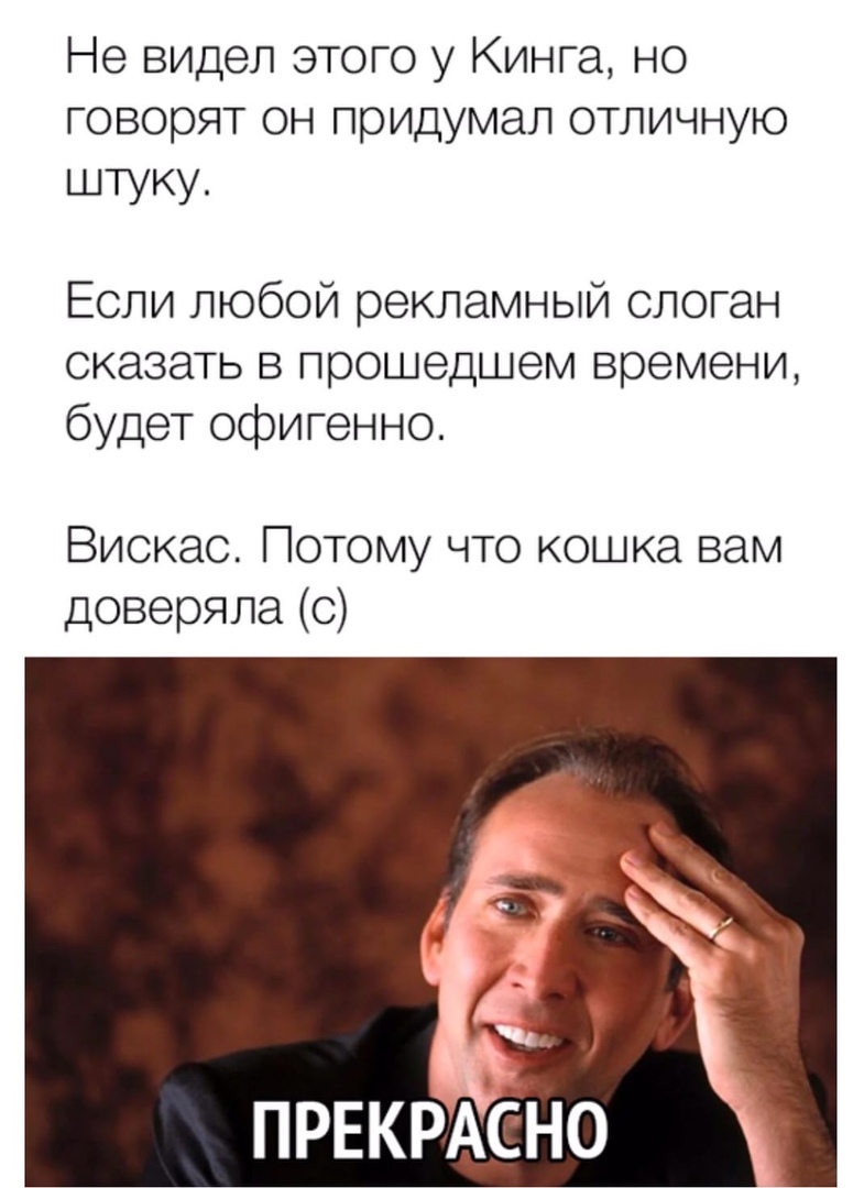 Не видел этого у Кинга но говорят он придумал отличную штуку Если любой рекламный слоган сказать в прошедшем времени будет офигенно Виокас Потому что кошка вам доверяла с ПРЕКРАСНО