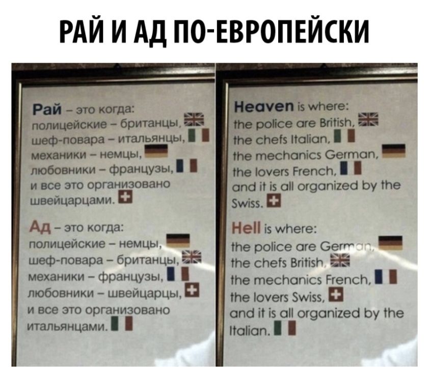 РАЙ И АД ПО ЕВРОПЕЙСКИ Рай это подправив британцы роіоеіхевті итальянцы это 050 поимки немцы те твспопісв Зеттоп любовники французы те юуегв Ненси и все ЭТО организовано спб іі із о шэспіюб Ьу че швейцарцами 5 Не із теге те роіісе сте Зет _ те спеіз Вгітізіт те тесПопісз РгепсЬ те очег Бмізз опа іі і о ощопіхеб Ьу че Юіоп Ад это когда полицейские немцы _ шеф повара британцы механики французы любов