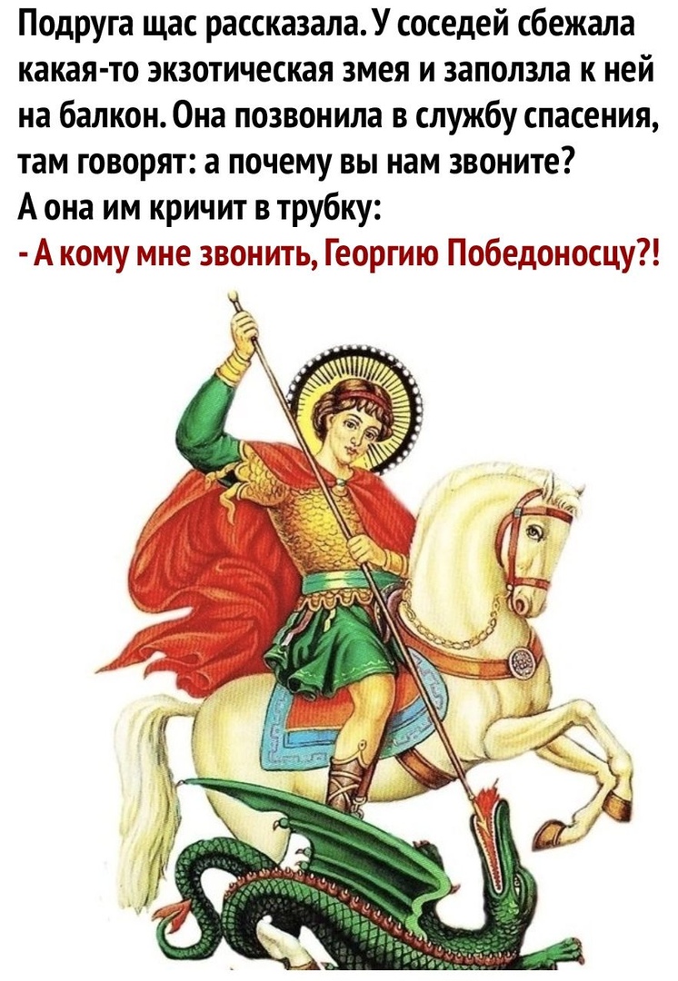 Подруга щас рассказалаУ соседей сбежала какая то экзотическая змея и заползла к ней на балкон0на позвонила в службу спасения там говорят а почему вы нам звоните А она им кричит в трубку А кому мне звонить Георгию Победоносцу