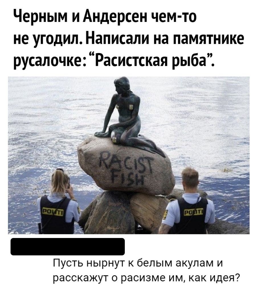 Черным и Андерсен чем то не угодил Написали на памятнике русалочке Расистская рыба Пусть нырнут к белым акулам и расскажут о расизме им как идея