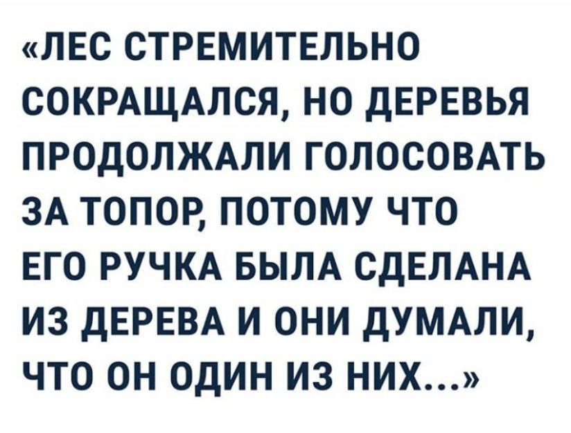 лвс стремитвльно СОКРАЩАЛСЯ но дЕРЕВЬЯ продолжми голосовпь ЗА топор потому что ЕГО РУЧКА БЫЛА СДЕЛАНА из дЕРЕВА и они дУМАЛИ что он один из них