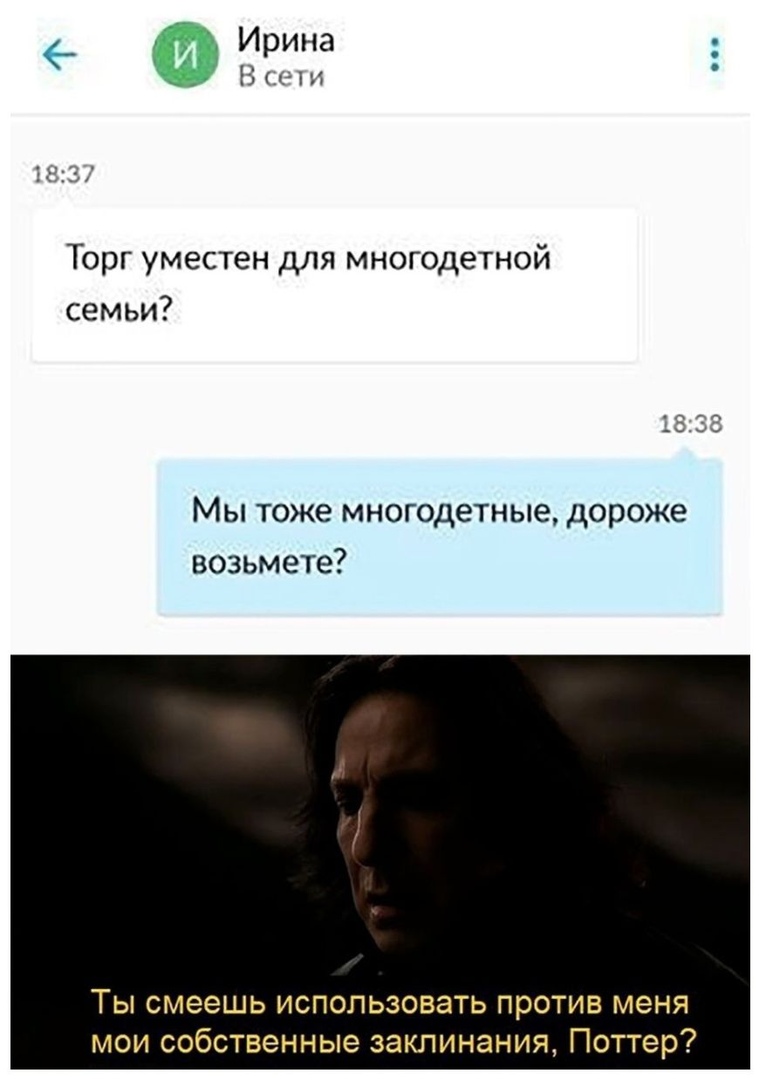 Ирина Вие Торг уместен для многодетной семьи Мы тоже многодетные дороже возьмете Ты смеешь использовать против меня мои собственные заклинания Поттер