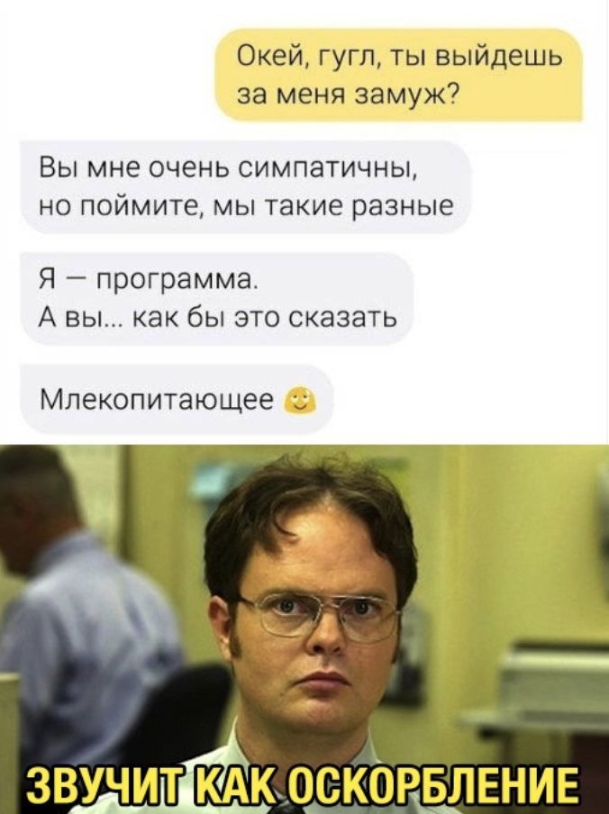 Окей гугл ты выйдешь за меня замуж ВЫ мне ОЧЕНЬ СИМПЭТИЧНЫ НО поймите МЫ такие разные Я программа А вы как бы это сказать Млекопитающее ЗВУЧИТ КАКОСКОВБЛЕНИЕ