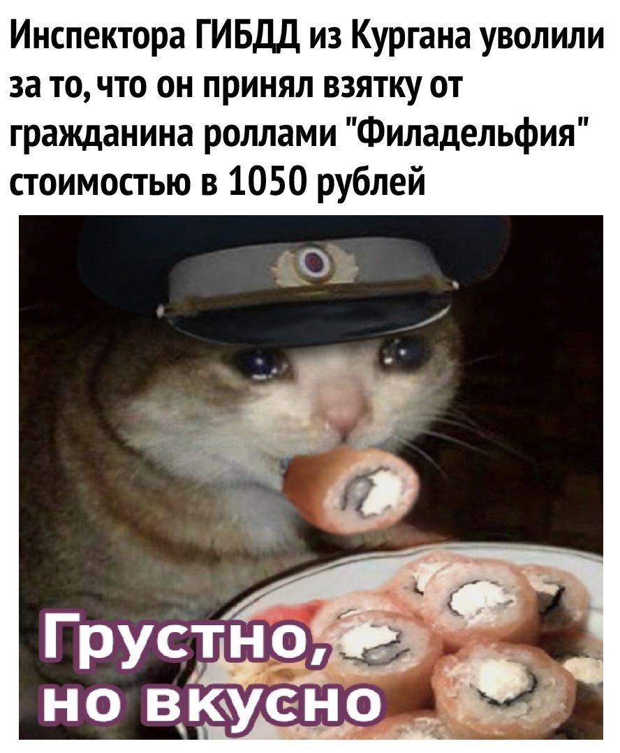 Инспектора ГИБДД из Кургана уволили за то что он принял взятку от гражданина роллами Филадельфия стоимостью в 1050 рублей