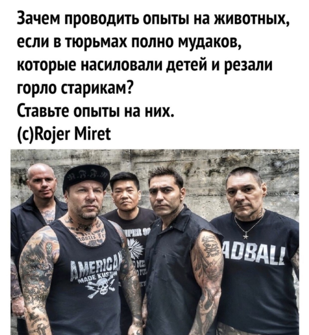 Зачем проводить опыты на животных если в тюрьмах полно мудаков которые насиловали детей и резали горло старикам Ставьте опыты на них СКоіег Мігес