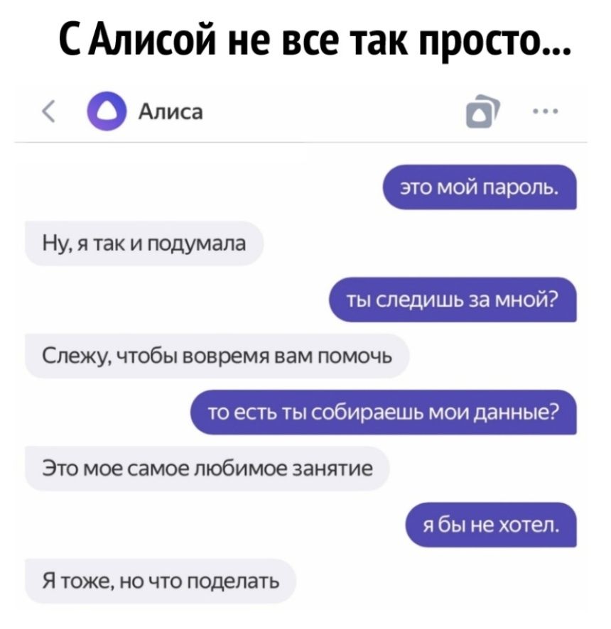 С Алисой не все так просто Алиса это мой пароль Ну я так и подумала ты следишь за мной Слежу чтобы вовремя вам помочь то есть ты собираешь мои данные Это мое самое любимое занятие я бы не хотел Я тоже но что поделать