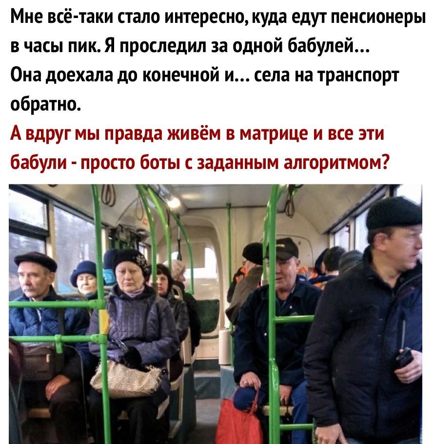 Мне всё таки стало интересно куда едут пенсионеры в часы пик Я проследил за одной бабулей Она доехала до конечной и села на транспорт обратно А вдруг мы правда живём в матрице и все эти бабули просто боты с заданным алгоритмом