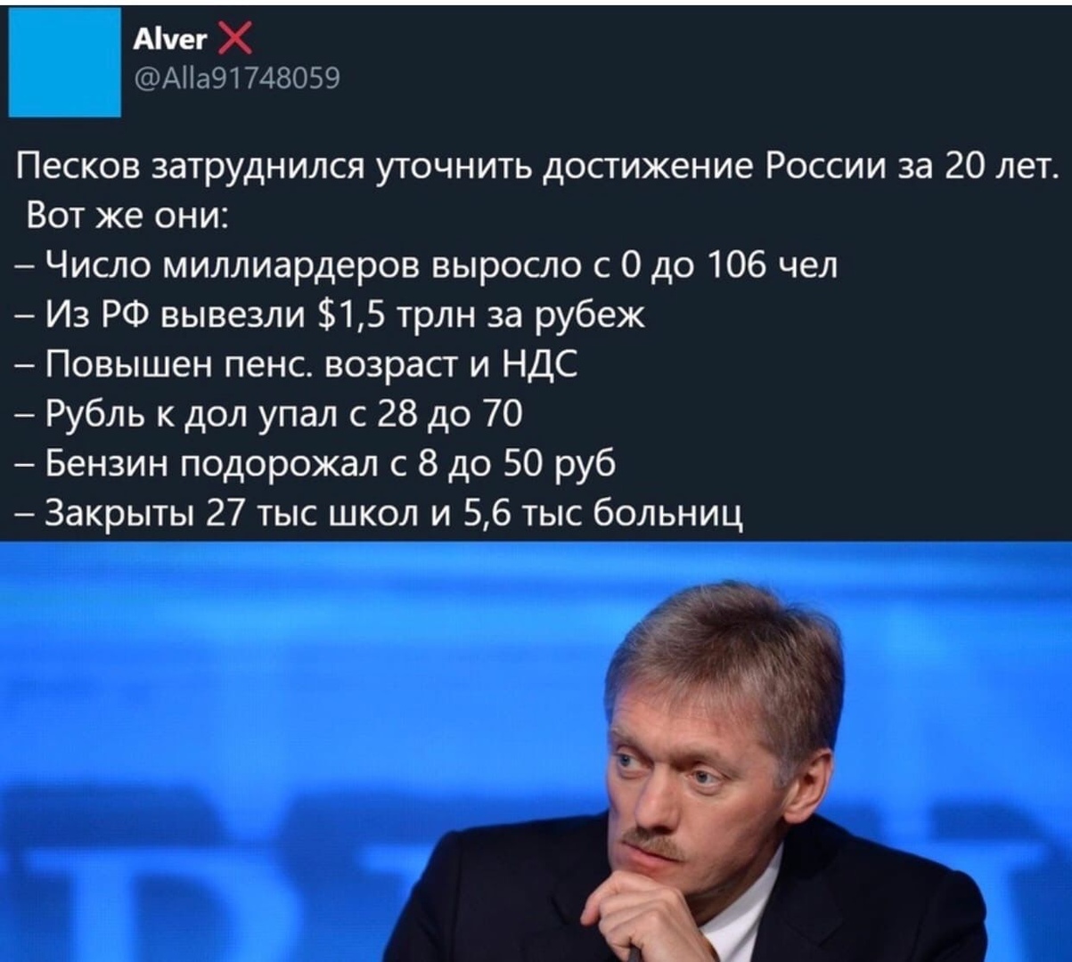 Ачег Х АНа91748059 Песков затруднился уточнить достижение России за 20 лет Вот же они Число миллиардеров выросло с О до 106 чел Из РФ вывезли 15 трлн за рубеж Повышен пенс возраст и НДС Рубль к дол упал с 28 до 70 Бензин подорожал с 8 до 50 руб Закрыты 27 тыс школ и 56 тыс больниц