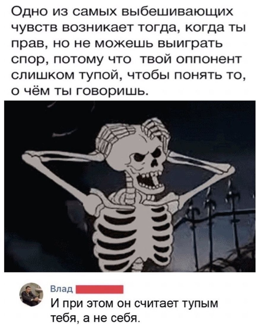 Одно из самых выбешивающих чувств возникает тогда когда ты прав но не можешь выиграть спор потому что твой оппонент слишком тупой чтобы понять то о чём ты говоришь Влад И при этом он считает тупым тебя а не себя