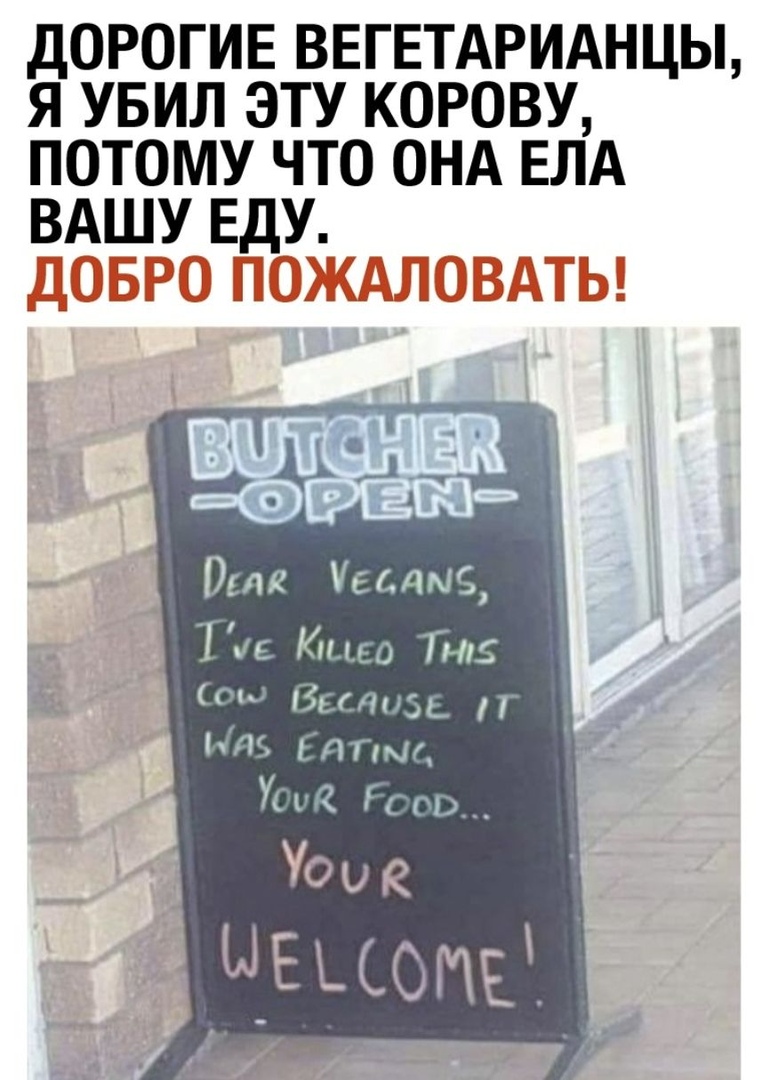 ДОРОГИЕ ВЕГЕТАРИАНЦЫ Я УБИЛ ЭТУ КОРОВУ ПОТОМУ ЧТО ОНА ЕЛА ВАШУ ЕДУ Ринг Уесдмгэ Гав Кн Гц Зиниш ТБ АПМ УЦ П и УОМЗ М_Еыопв_ _