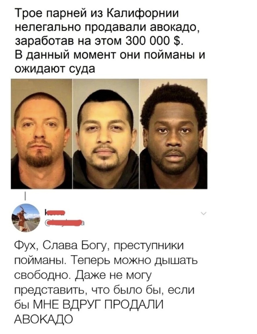Трое парней из Калифорнии нелегально продавали авокадо заработав на этом 300 000 В данный момент они пойманы и ожидают суда Ён на Фух Слава Богу преступники пойманы Теперь можно дышать свободно Даже не могу представить что было бы если бы МНЕ ВДРУГ ПРОДАЛИ АВОКАДО