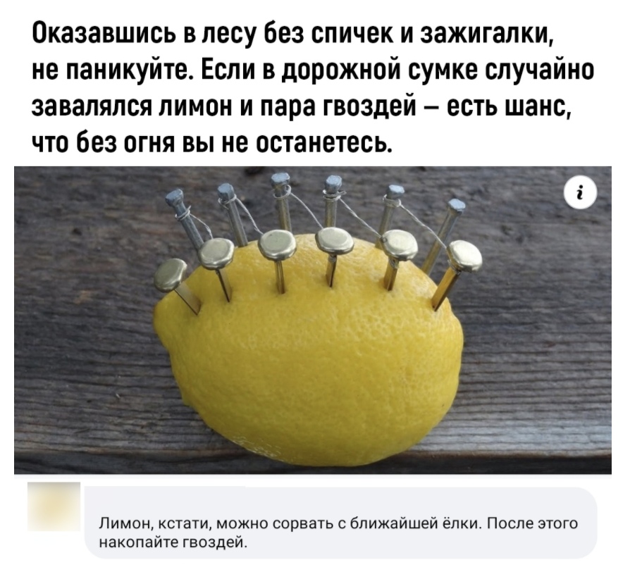 Оказавшись в лесу без спичек и зажигалки не паникуйте Если в дорожной сумке случайно завалялся лимон и пара гвоздей есть шанс что без огня вы не останетесь Лимон кстати можно сорвать с ближайшей ёпки После этого накопайте гвоздей