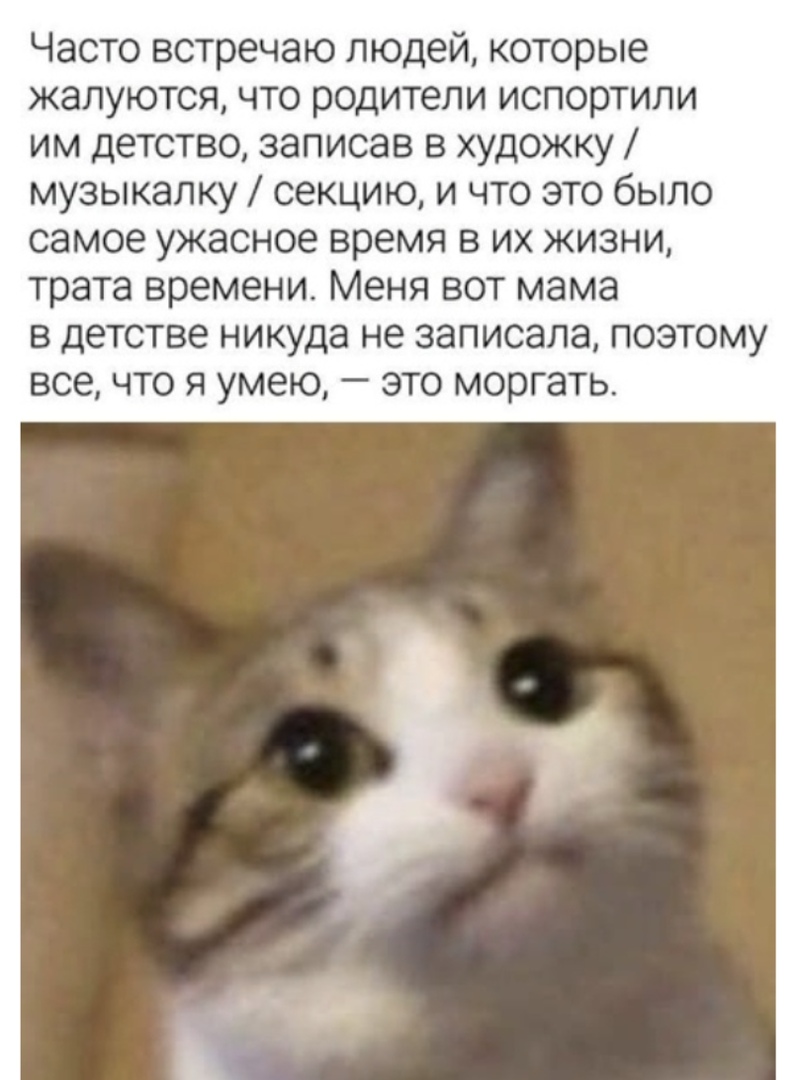 Часто встречаю людей которые жалуются что родители испортили им детство записав в художку музыкалку секцию и что это было самое ужасное время в их жизни трата времени Меня вот мама в детстве никуда не записала поэтому все что я умею это моргать