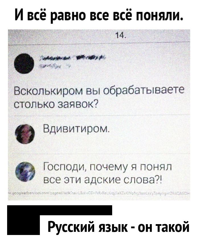 И всё равно все всё поняли 14 ими и Всколькиром вы обрабатываете столько заявок Вдивитиром Господи почему Я понял все эти адские словал Русский язык он такой
