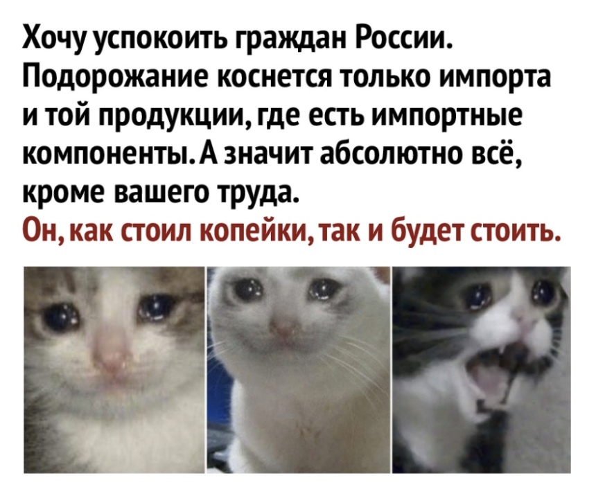 Хочу успокоить граждан России Подорожание коснется только импорта и той продукции где есть импортные компонентыА значит абсолютно всё кроме вашего труда Он как стоил копейкитак и будет стоить