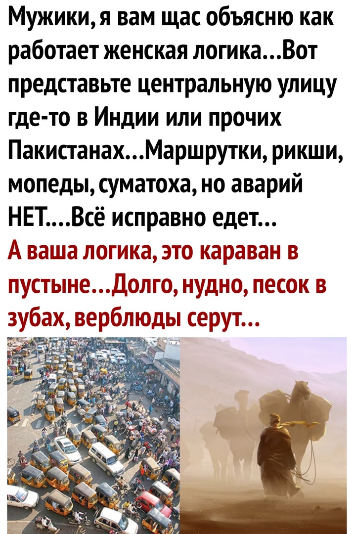 Мужикия вам щас объясню как работает женская логикаВот представьте центральную улицу где то в Индии или прочих ПакистанахМаршрутки рикши мопеды суматоха но аварий НЕТВсё исправно едет А ваша логика это караван в пустынеДолго нудно песок в зубах верблюды серут